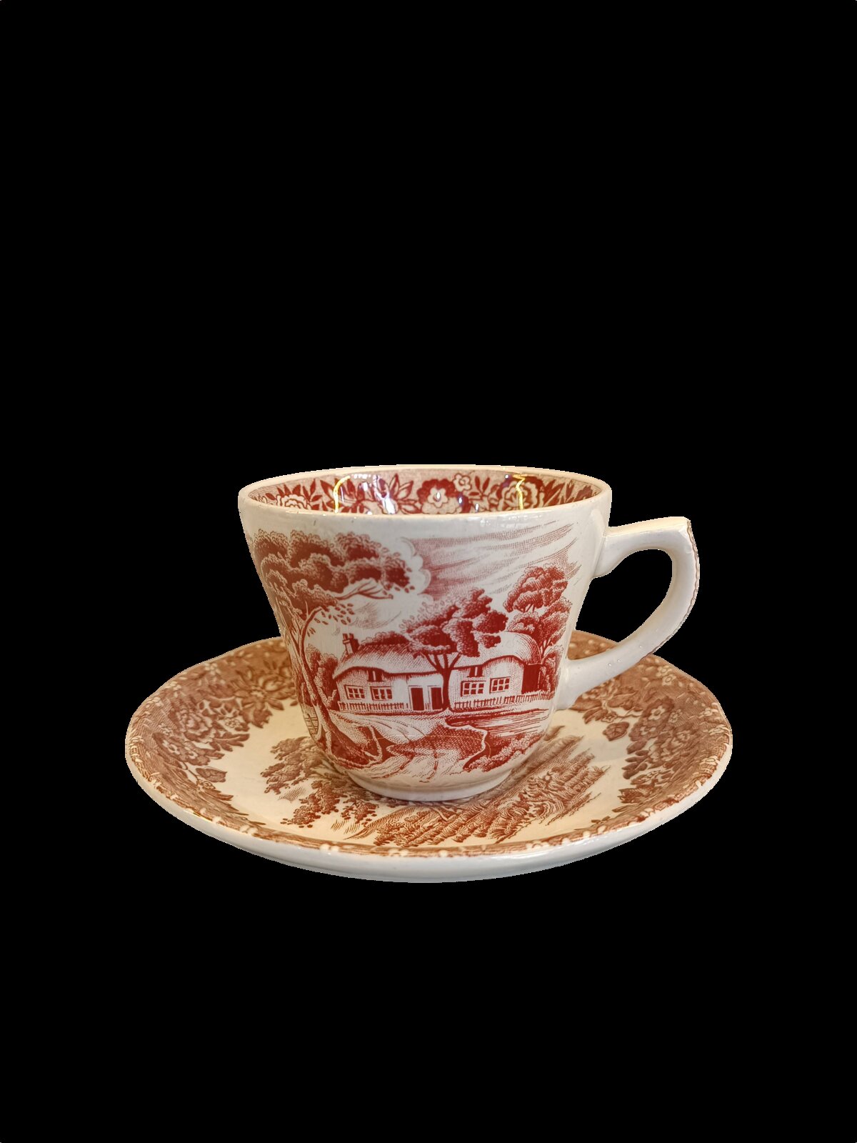 Antika İngiliz Porselen Kahve Fincanı Tabağı Kırmızı Desenli